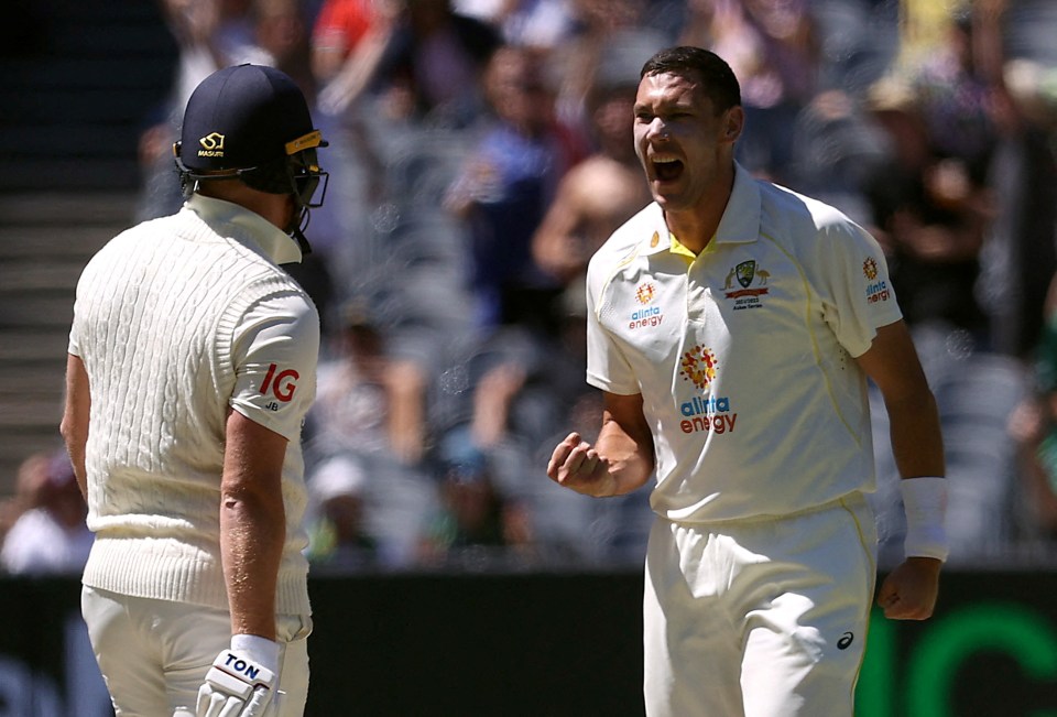 Scott Boland celebrates the wicket of Jonny Bairstow, who was out for just five runs