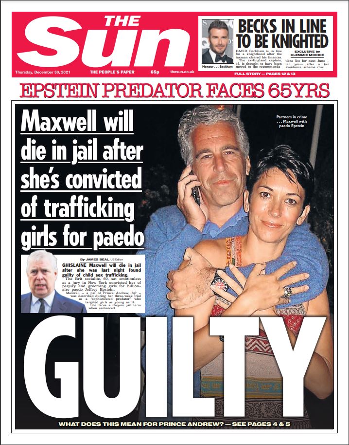 The Sun’s front cover reporting on Maxwell’s guilty verdict