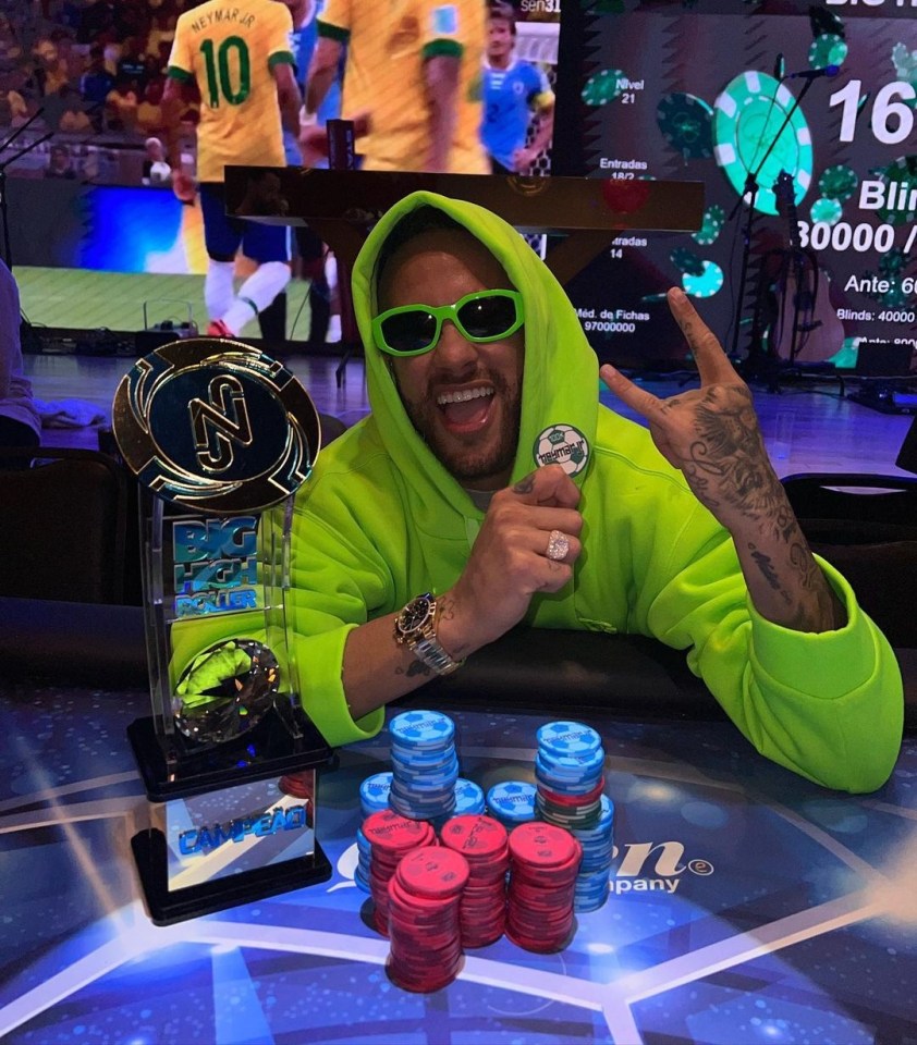 Neymar was a mean green machine as he triumphed in a poker tournament