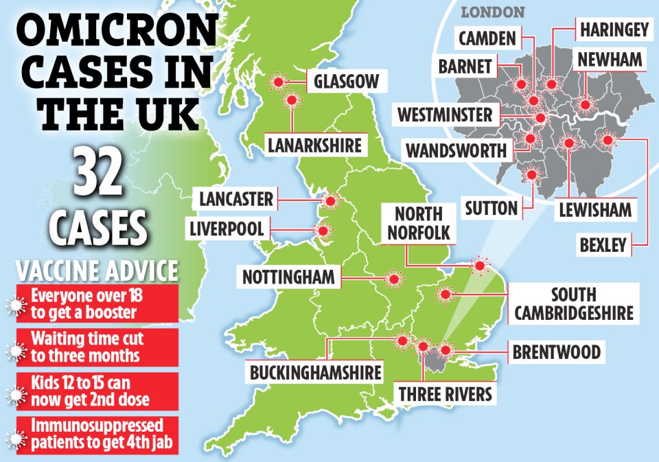 The map above shows where Omicron cases have been found in the UK