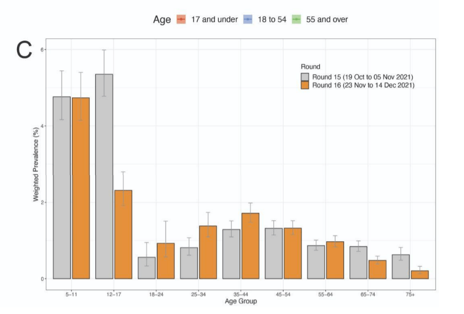 Prevalence of Covid by age group between Oct-Nov and Nov-Dec. Cases have fallen in older age groups who have gotten their boosters, and in teenagers who have had a second dose