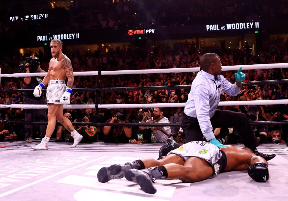 Jake Paul produced a savage sixth-round knockout of Tyron Woodley