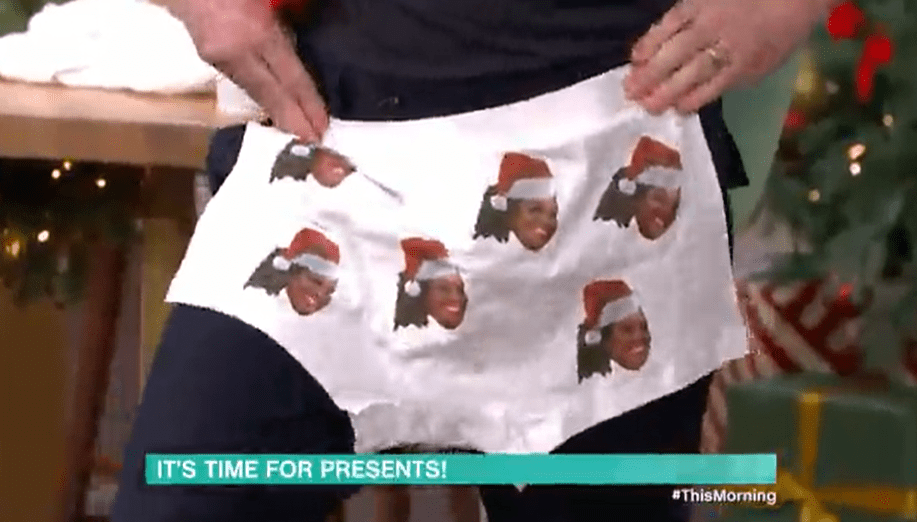 Dermot received a pair of pants with Alison’s face on and she said they were ‘large’