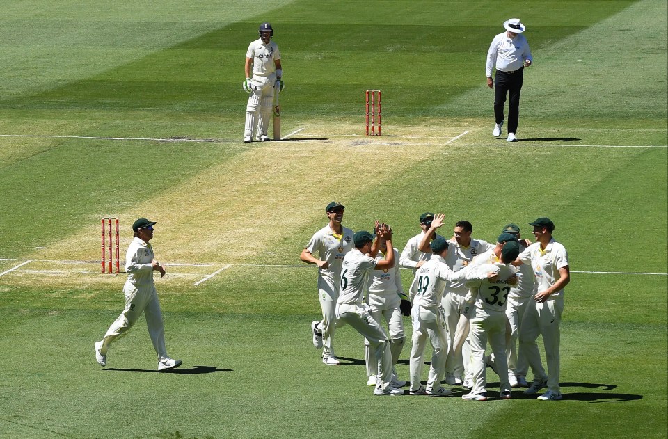 Australia celebrate another wicket during England's collapse to 68 all out