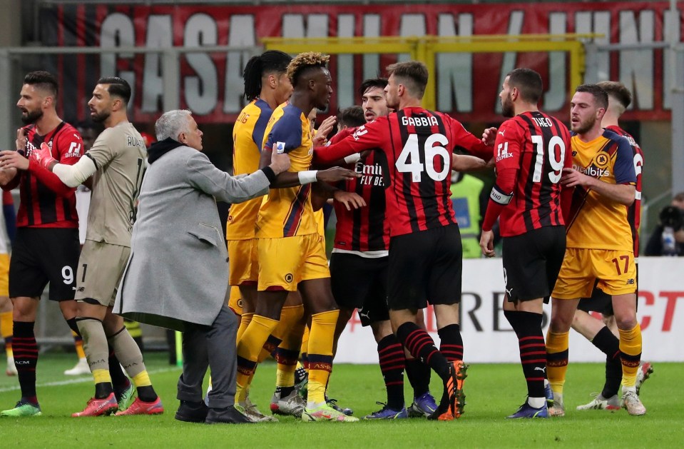 Mourinho rushed on to the pitch to prevent Tammy Abraham getting a second yellow