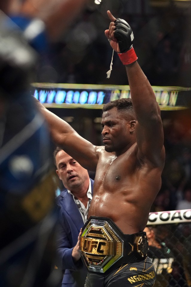 An elated Francis Ngannou celebrates his first title defence