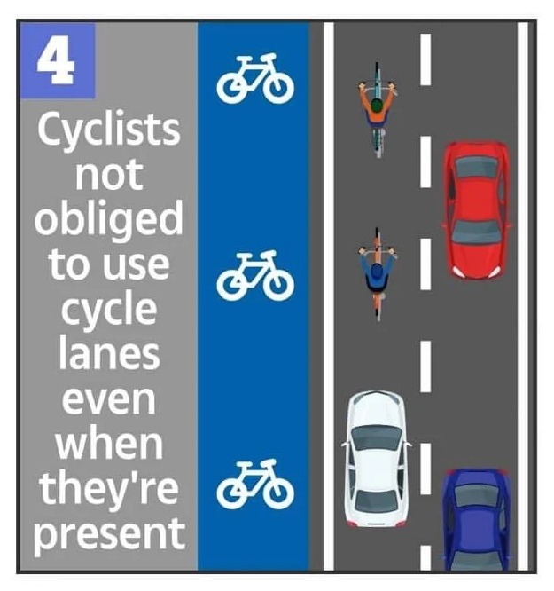 Cyclists not obliged to use cycle lanes even when they're present