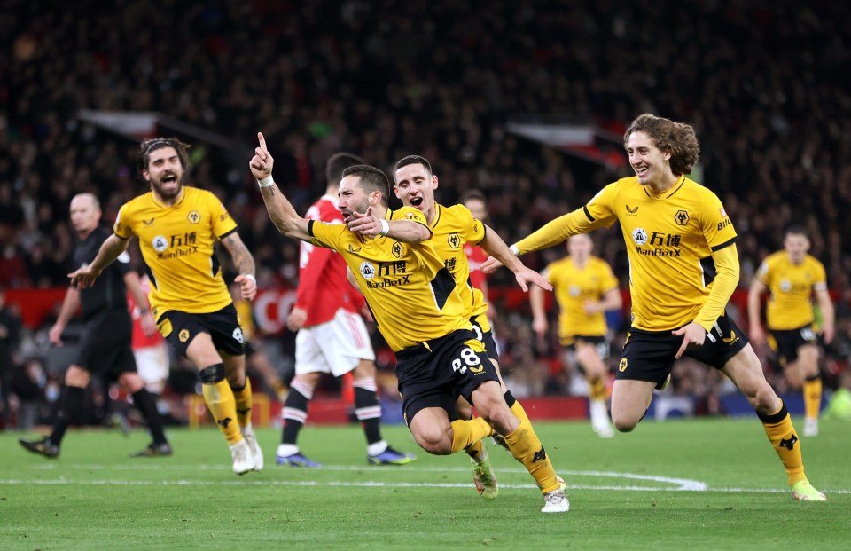 Nuben Neves joins in the celebrations as Joao Moutinho scored the winner at Man Utd