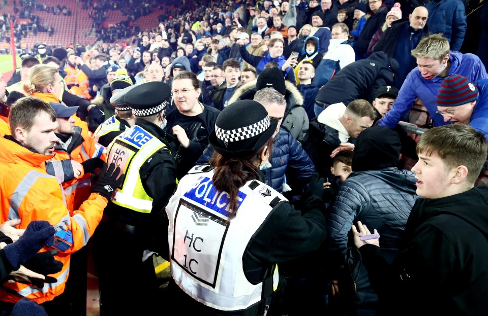 Man City fans were seen battling police at St Mary's as the visitors dropped rare points in the Premier League