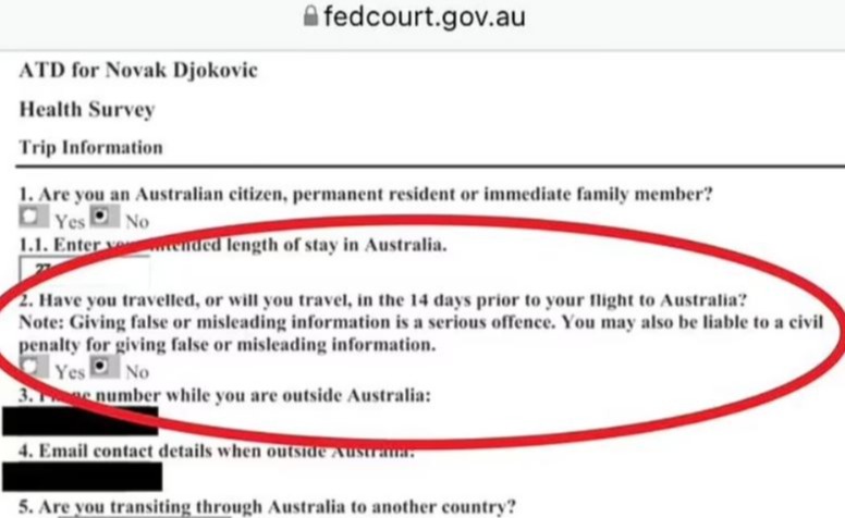 His Australian Travel Declaration form states he had not travelled in the 14 days before flying to Oz - but he was pictured in Spain