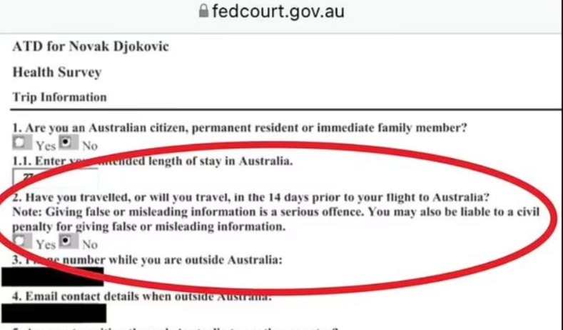 His Australian Travel Declaration form states he had not travelled in the 14 days before flying to Oz