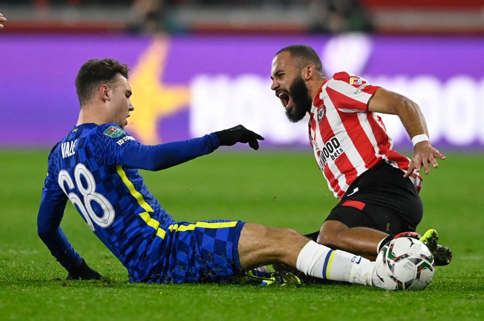 Vale flies into the tackle on his Chelsea debut against Brentford