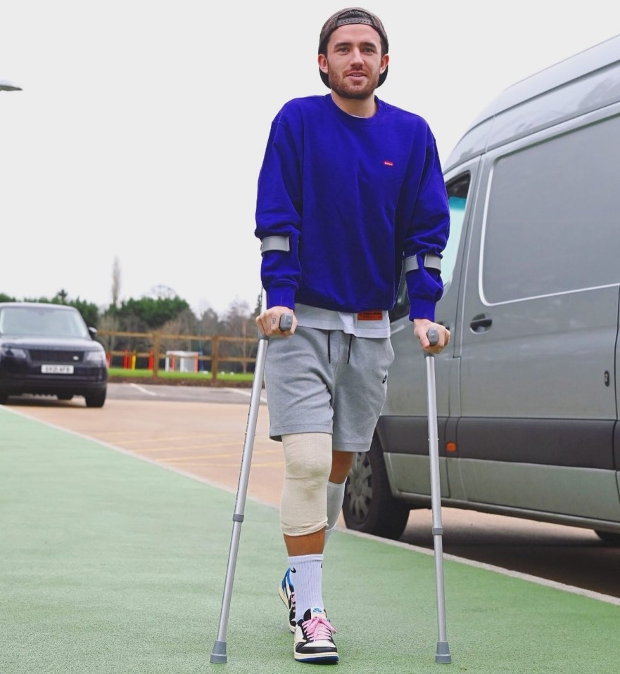 Ben Chilwell returned to Chelsea's training ground on crutches