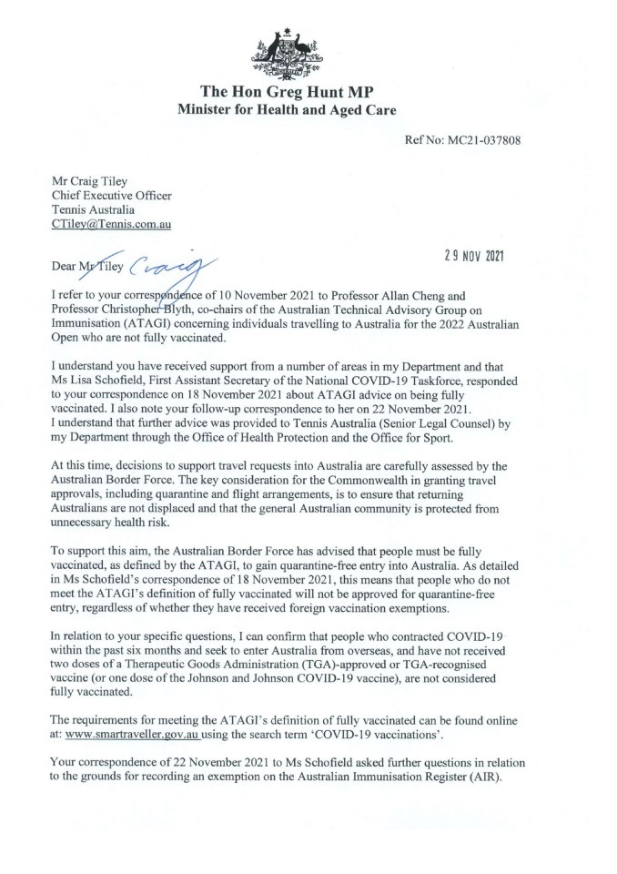 Health Minister for Australia Greg Hunt sent a series of letters to the CEO of the Australian Open