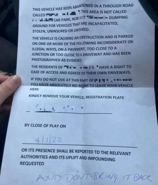 A Scotswoman was baffled after finding a passive aggressive note on her car - after she parked it in her own street