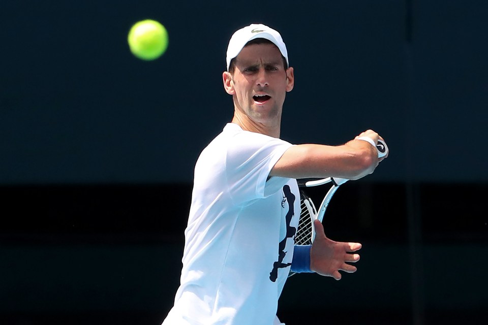 Djokovic, pictured training in Melbourne today, still faces being deported