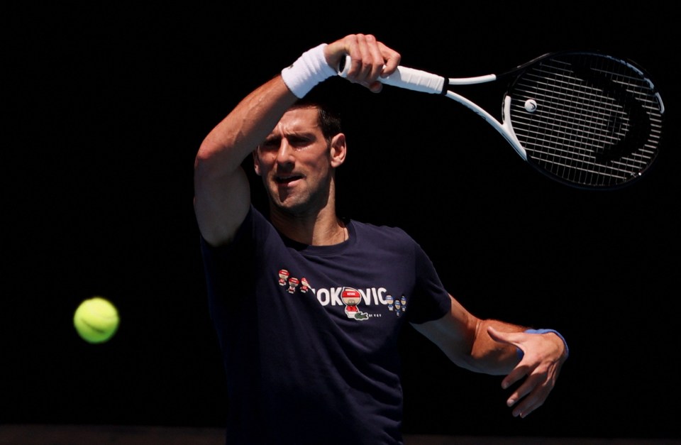 Novak Djokovic training at Melbourne Park today as questions remain over the legal battle regarding his visa