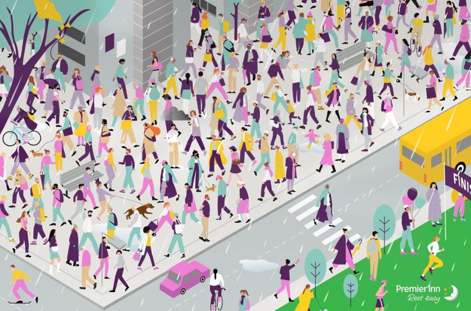 Can you find the umbrella hidden in the busy crowd?