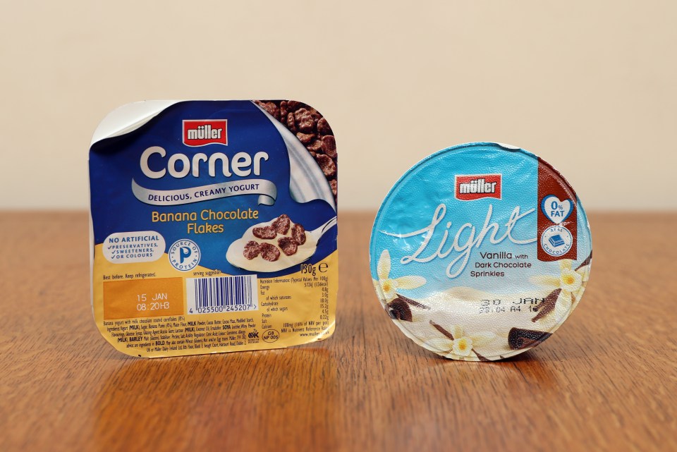 One pot of Muller Corner has 4.9 cubes of sugar, while Light has just 2.2 cubes