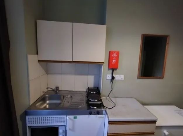 The landlord has managed to squeeze an electronic hob, a microwave and a fridge into a space about a metre squared