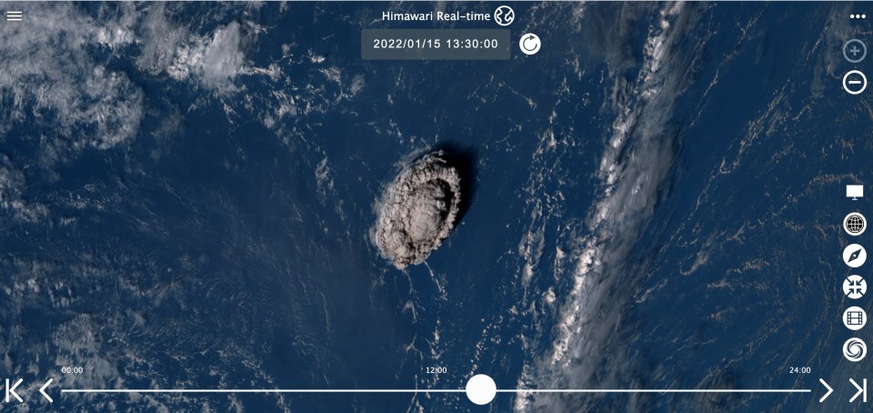 A satellite image shows a plume rise over Tonga when the underwater volcano erupted