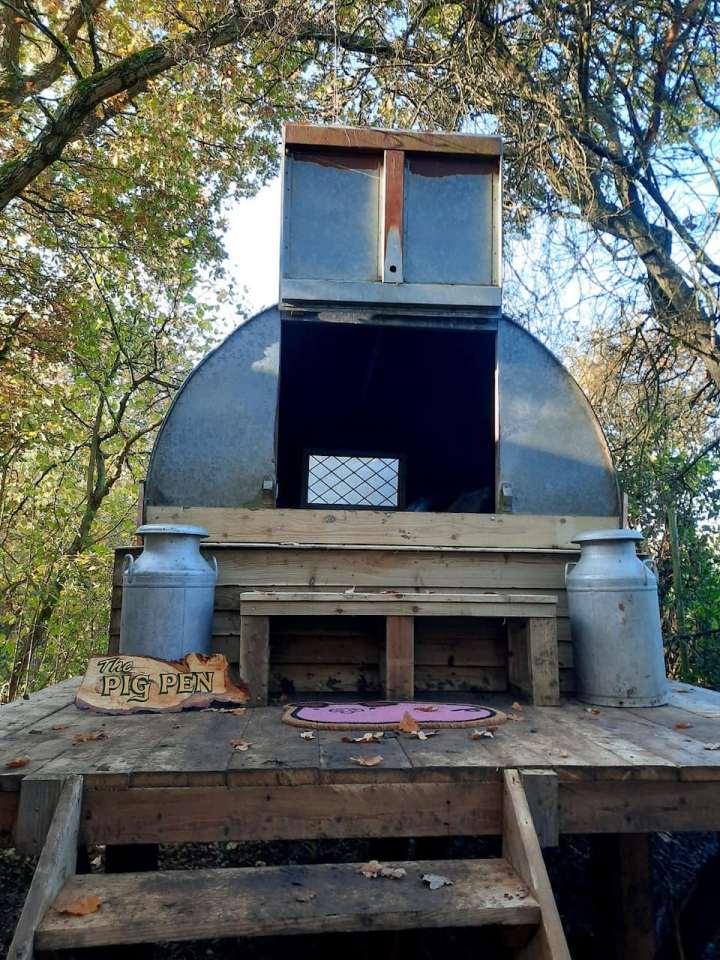 Visitors pay £70 a night with £5 more for heating and £15 for bedding to sleep in the corrugated iron sty in woodland at Morelands Copse, Hants, an ex-animal charity centre