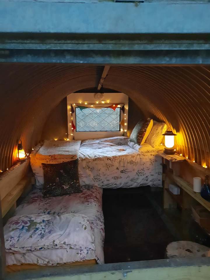 Guests sleep in a corrugated iron shelter in woodland that used to be home to an animal charity’s swine