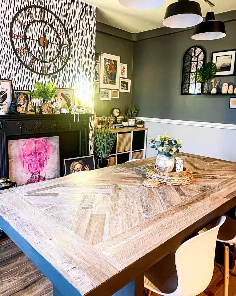 A woman made a stunning dining room table using stick-on wooden flooring