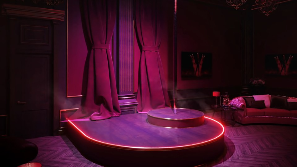 A computer-generated image of pole-dancing room