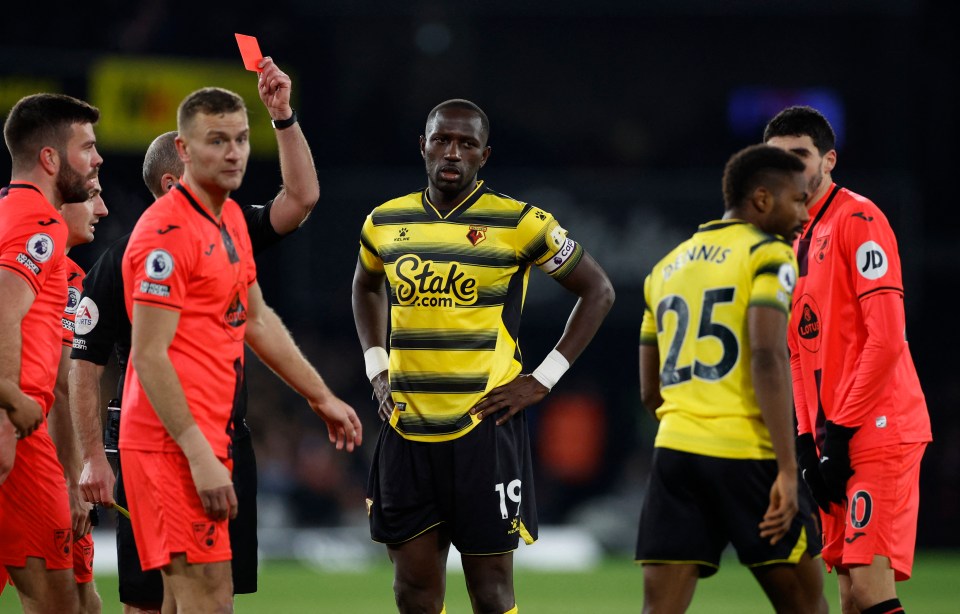 Emmanuel Dennis was sent off for Watford for a second bookable offence