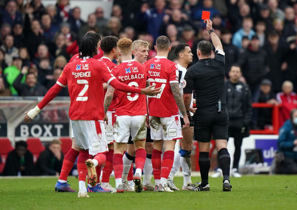 Ravel Morrison was sent-off for a wild tackle as tempers boiled over in Derby's defeat at Forest