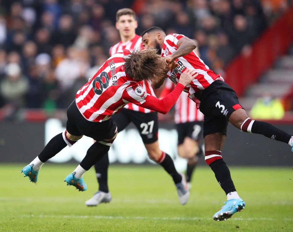 Rico Henry and Mathias Jensen suffered a clash of heads