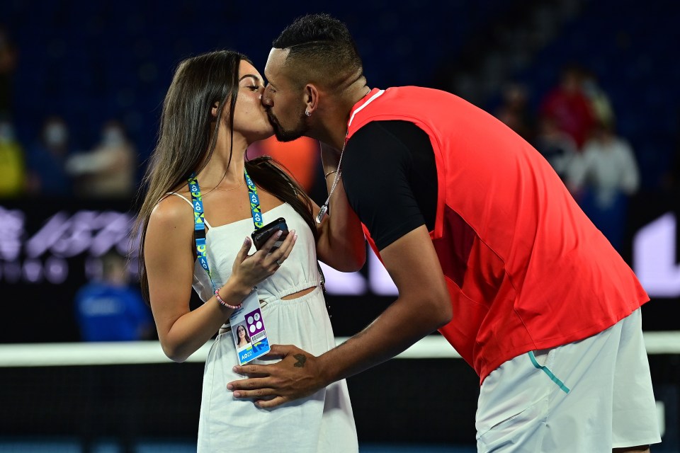 Kyrgios got a kiss from his girlfriend Costeen Hatzi on the court