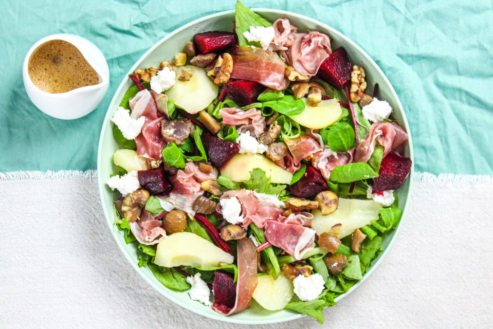 This parma ham and pear salad serves two