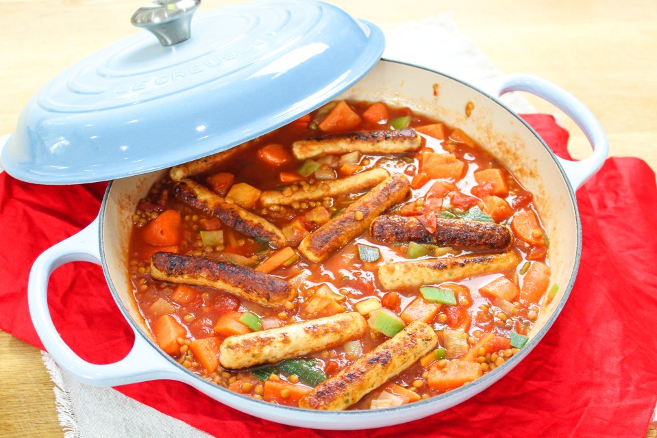 Preheat your oven to 180C/160C fan for Gregg's sausage casserole