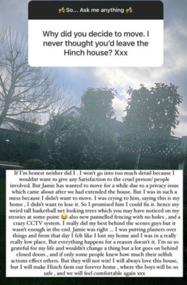 Mrs Hinch - real name Sophie Hinchliffe - told fans she didn't want to move