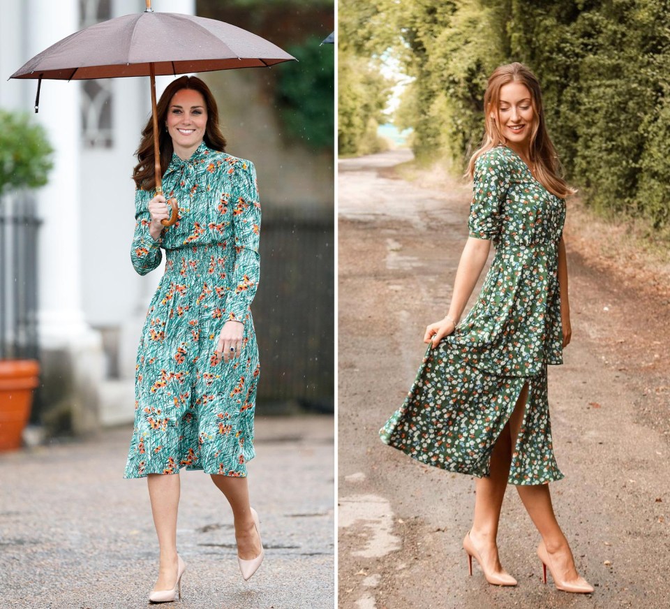 Midi dress… Kate’s printed dress is £1,420 from Prada and Eleanor’s lookalike is £26 from online retailer Missguided