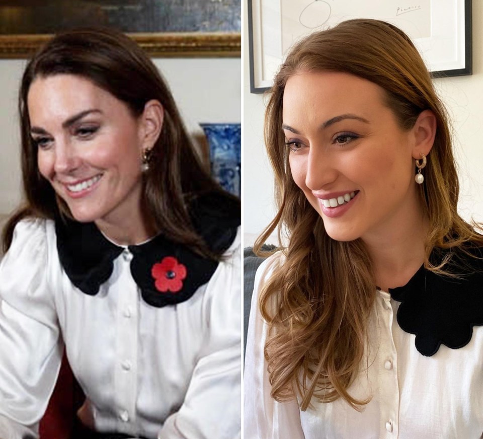 White collared blouse… Kate’s shirt is £75 from Ghost London and Eleanor’s shirt is an exact match, bought on Asos with 15% new customer discount for £67.15