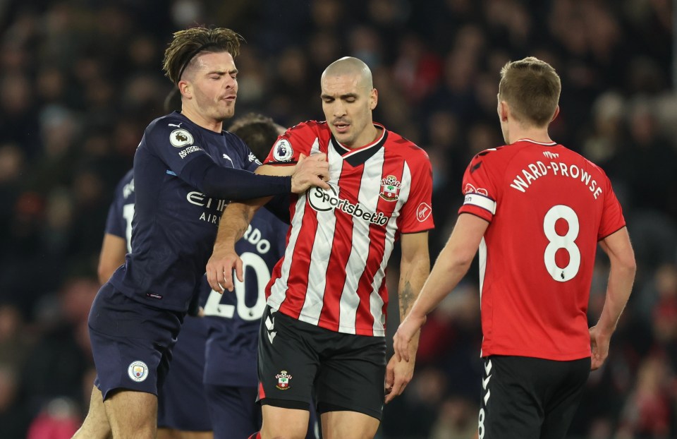 Jack Grealish sparked a melee with his shove on Oriol Romeu