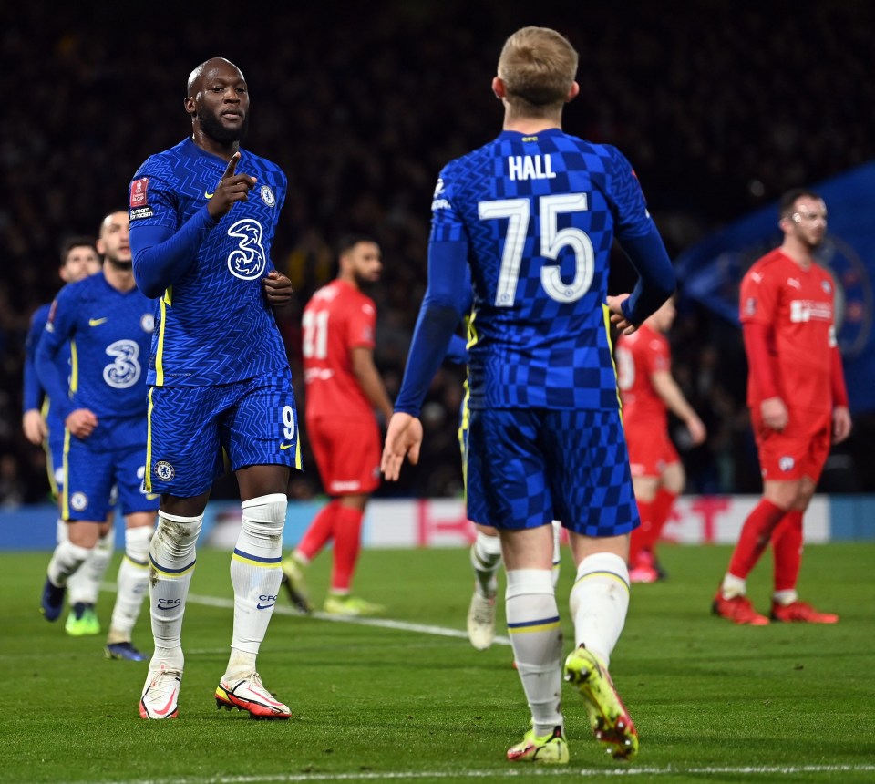 A thankful Romelu Lukaku runs to Hall to celebrate his team mate’s assist