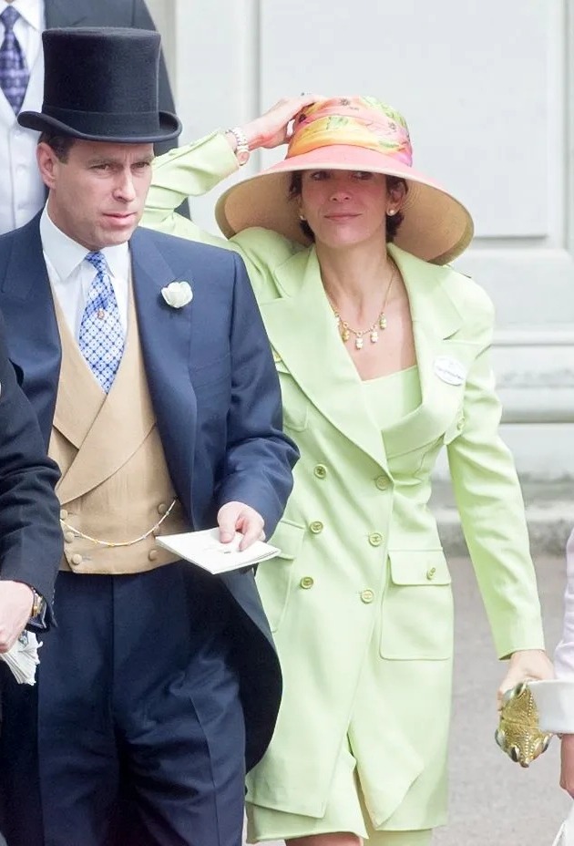 They will argue a secret 2009 deal Virginia made with Jeffrey Epstein exempts Prince Andrew from legal action, here with Ghislaine Maxwell at the races