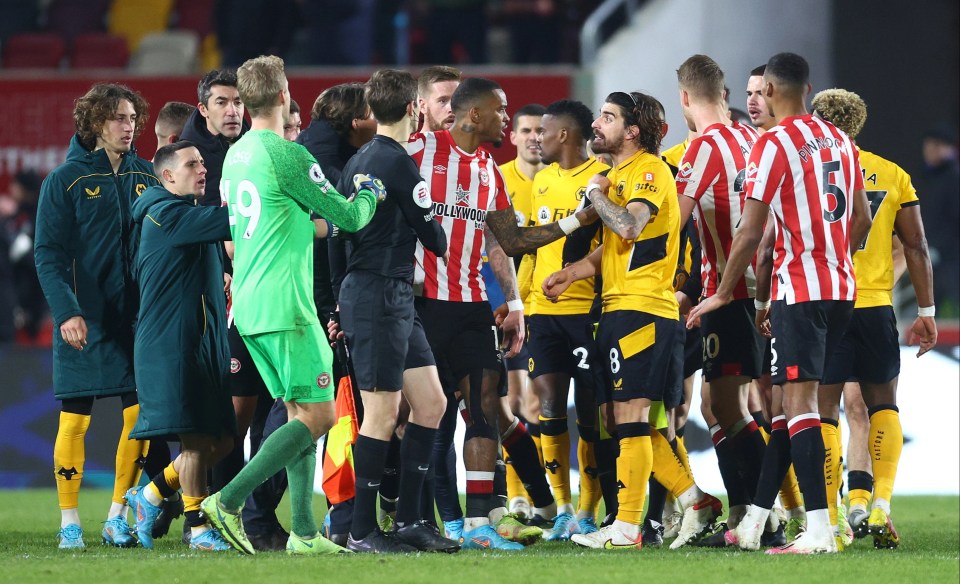 Wolves and Brentford players clash on the pitch