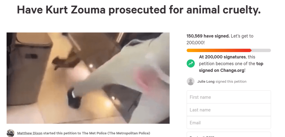 More than 150,000 people have signed the petition hours after The Sun exclusively shared footage of the player booting his cat like a football