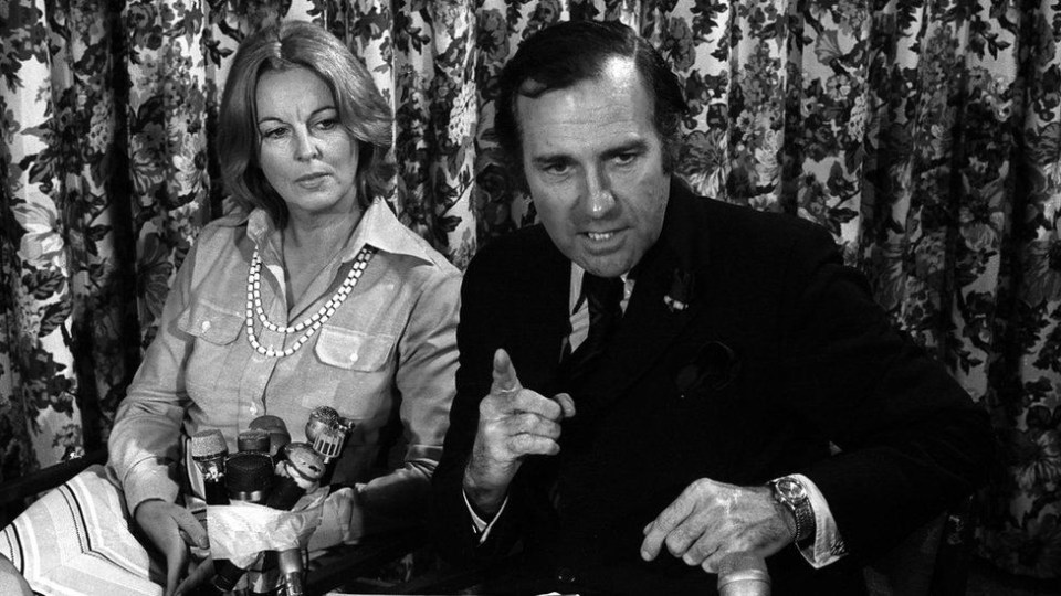 Stonehouse and wife Barbara face the press in Melbourne in 1975