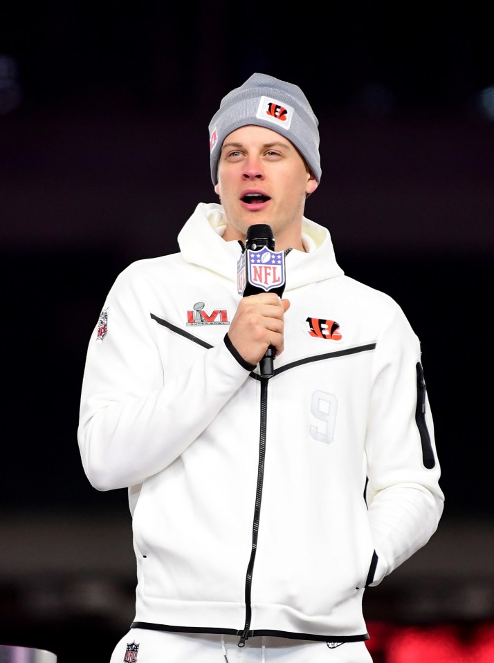 Joe Burrow speaking at a fan rally in Cincinnati on Monday night