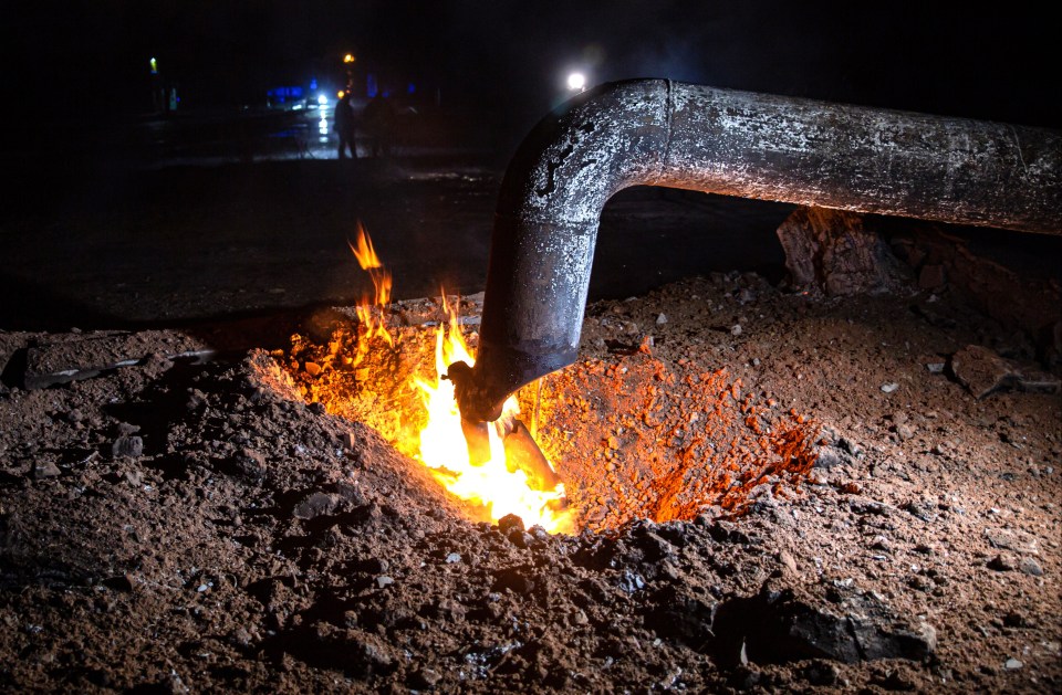 A view of a gas pipeline hit by a blast amid the escalating conflict