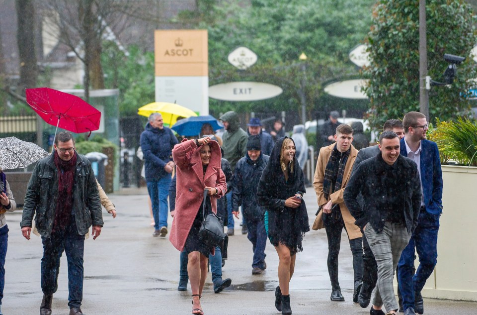 Racegoers attending the Betfair Ascot Chase Raceday struggled to cling to their umbrellas