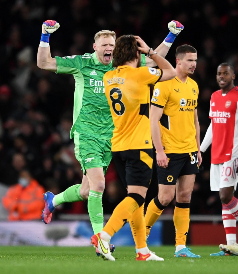 Aaron Ramsdale celebrated Arsenal's win against Wolves in front of midfielder Ruben Neves