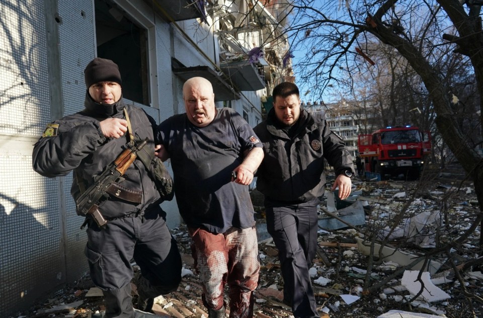 A wounded man after an airstrike hit in Chuhuiv