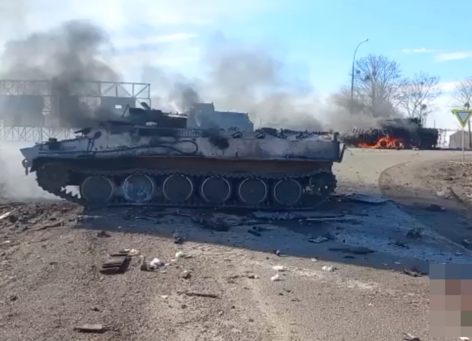 Another Russian tank which was struck by Ukrainian troops